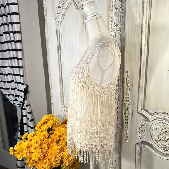 Crystal K Cream Lace Sleeveless Top with Fringe Boho Victorian Edwardian - Picture 2 of 7